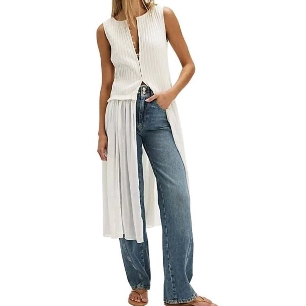 Free People White Sleeveless Long Split Duster Blouse